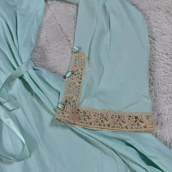 Vintage 70s Turquoise Lace High Neck Women’s Button Up Mini Dress - Picture 4 of 7